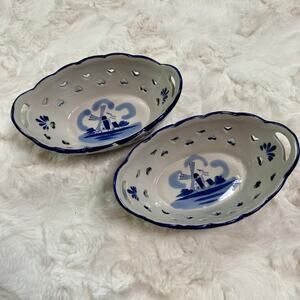 Set of 2 Vintage Delft Blue Dutch Trinket Dish Heart Pierced Windmill Dish